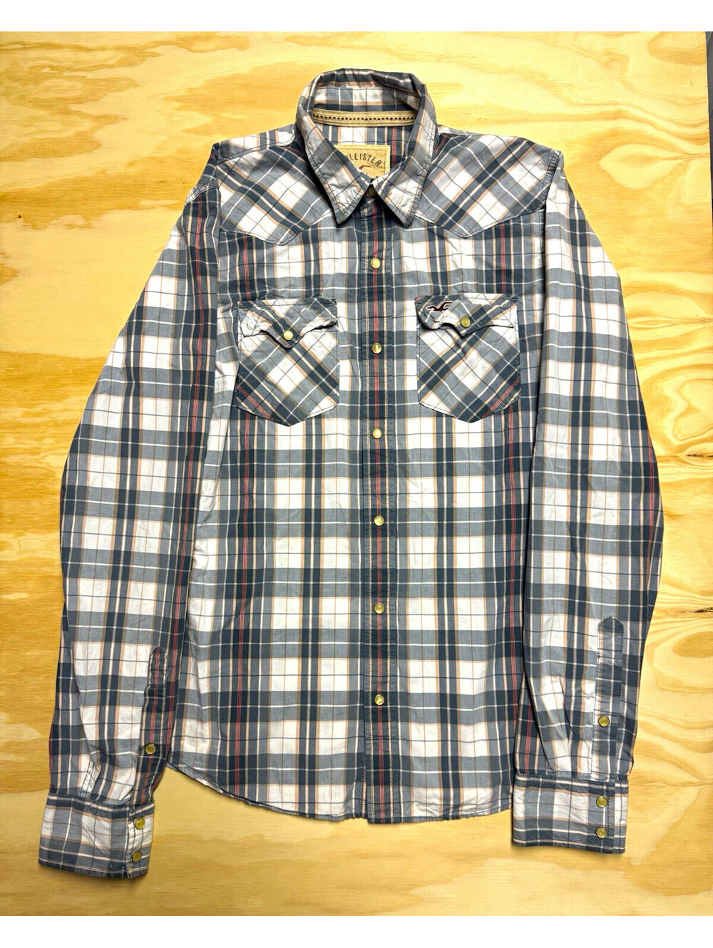 Hollister California Men’s L Plaid Long Sleeve Button Up Shirt Gray White Cotton